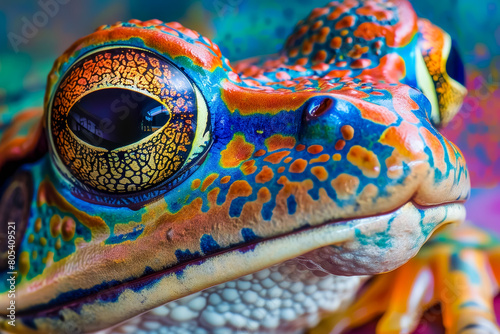 Detailed close-up of a frog with vibrant, otherworldly colors and mystical motifs evoking Neptunes underwater realm photo