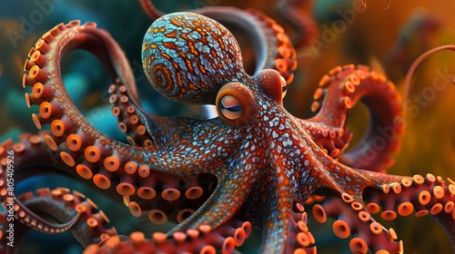 an octopus, in the style of vray tracing, dark orange and aquamarine, cellular formations, spiral group, selective focus photo