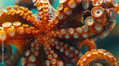 an octopus, in the style of vray tracing, dark orange and aquamarine, cellular formations, spiral group, selective focus photo