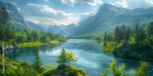 Idyllic Mountain River Landscape with Lush Greenery and Sunlit Peaks 