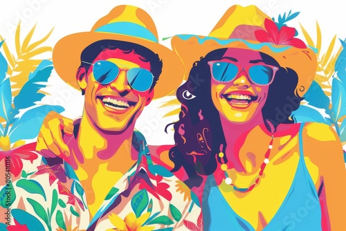 A vibrant illustration of a young man and woman wearing bright summer clothes, Panama hats, and sunglasses, happily laughing together. The background is a solid, eye-catching color.