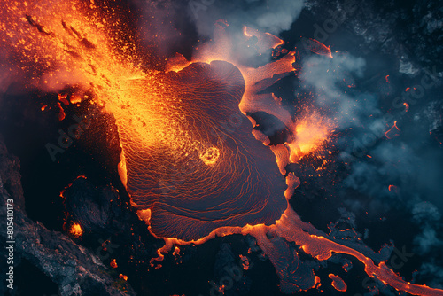 Aerial view of molten lava flow