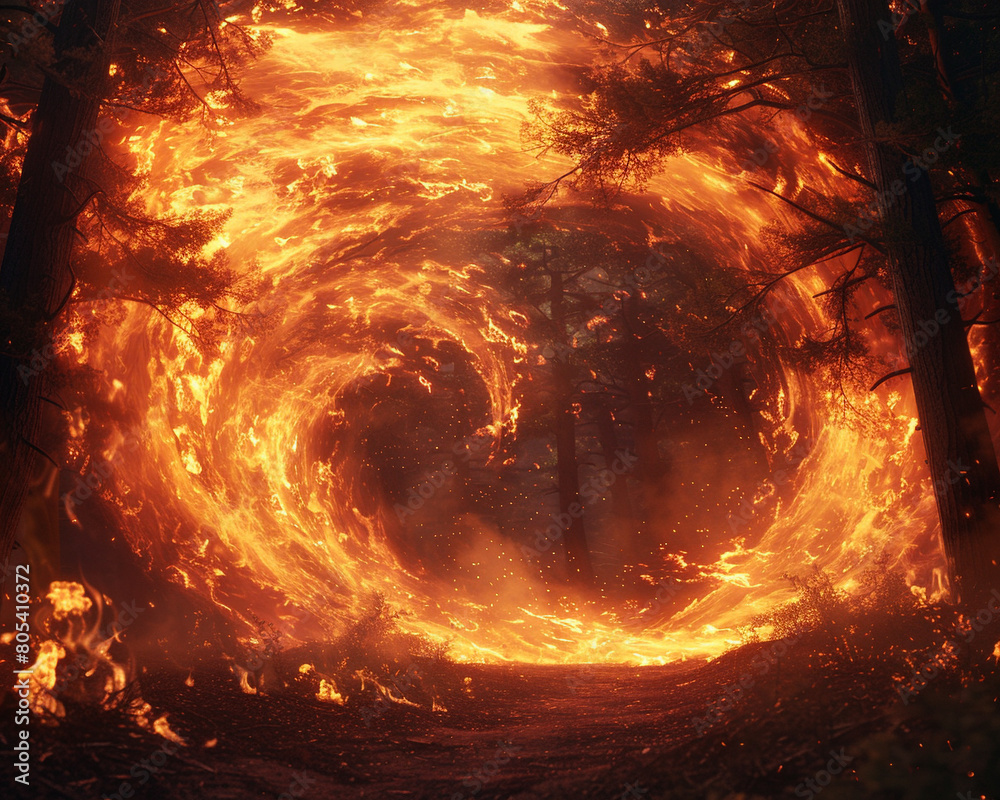 A blazing inferno engulfing a forest with swirling orange and red flames A blazing inferno engulfing a forest with swirling orange and red flames