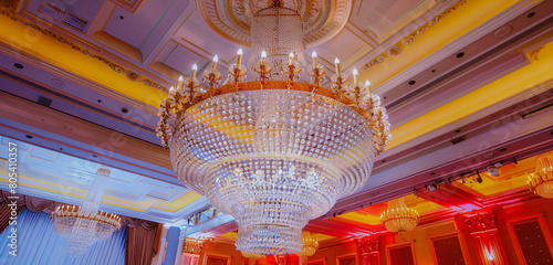 A sparkling crystal jhoomer hanging from the ceiling in a luxurious ballroom photo