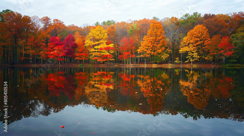 A peaceful lake reflecting the fiery colors of the changing leaves