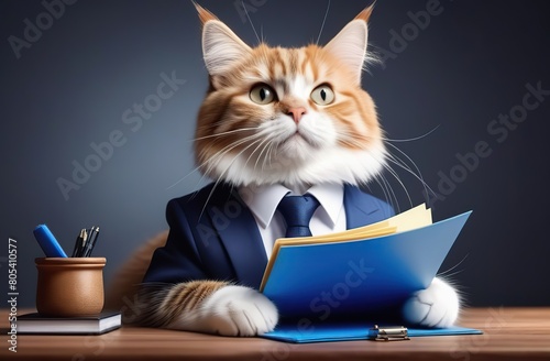 Funny cat with a folder for presentations. Business scene © Kseniya Ananko