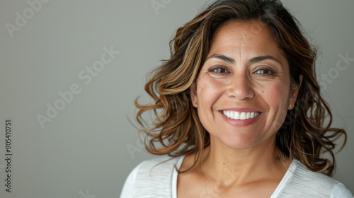 A woman with brown hair and a white shirt is smiling