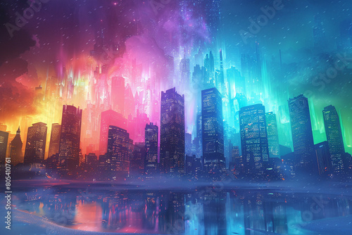 Design a futuristic cityscape illuminated by the colors of a frozen rainbow hovering overhead © Oranuch