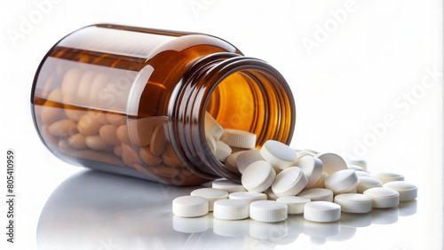 A tipped brown bottle spilling pills, symbolizing pharmaceutical care, health supplements, and medication. Represents modern healthcare, treatment solutions, and wellness in a professional design