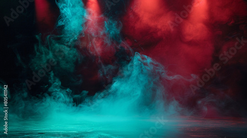 Soft pastel turquoise smoke curling across a stage under a dark red spotlight, casting a serene, contrasting glow.