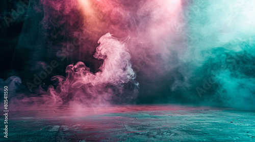 Soft rose pink smoke curling across a stage under a bright teal spotlight, casting a romantic, gentle glow.