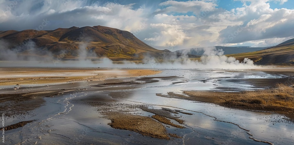 Exotic view of the Leirhnjukur geothermal valley. Popular tourist attraction. 