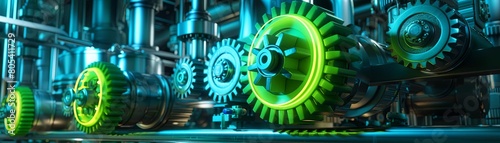 Create a 3D render of green neon and blue gears against a backdrop of industrial machinery, mimicking the style of a 2D illustration