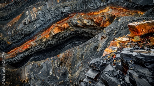 Closeup image of earth and stone textures at an open pit mine, focusing on the stratification and material composition, close-up
