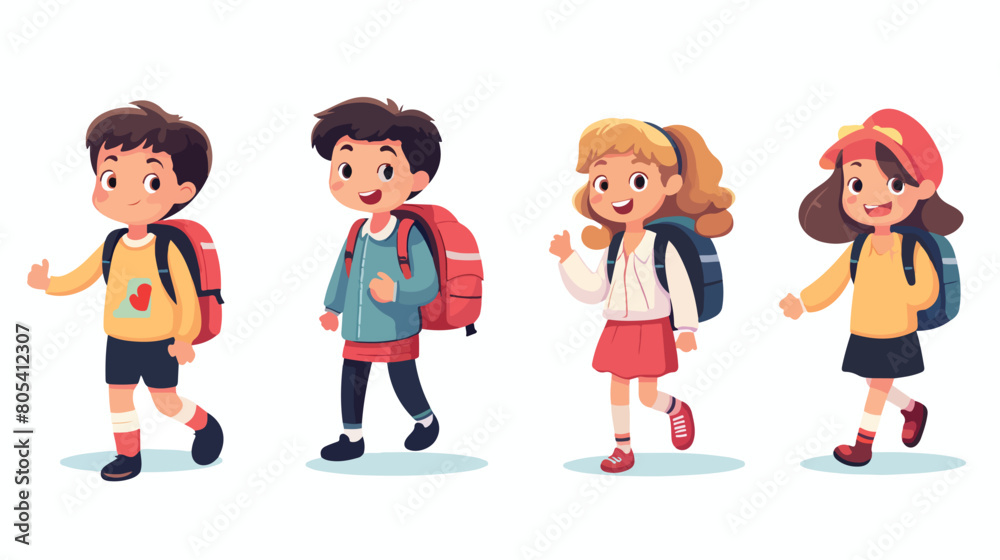 Set of cute children with backpack or bag going to