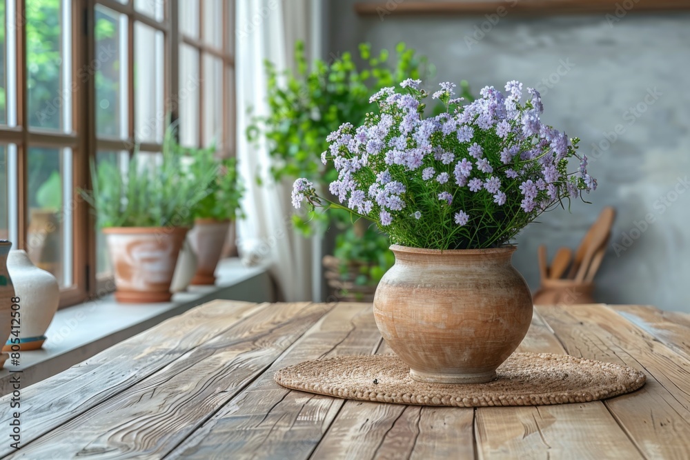 Bouquet of lavender flowers in clay pot on wooden table