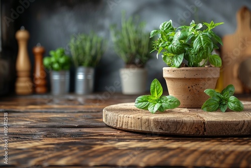 Fresh herbs in a pot on a wooden background. Basil, rosemary, oregano, thyme