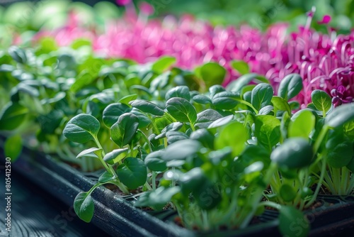 Microgreens of radish in a tray on a black wooden table