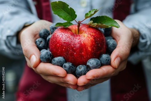 Close up of woman hands holding fresh fruits and berries. Healthy food concept
