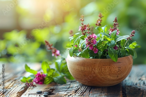 Herbs and flowers in a bowl on a wooden table.