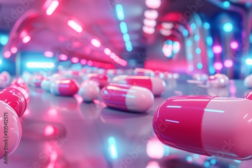 3d illustration of red and blue pills on a background of neon lights