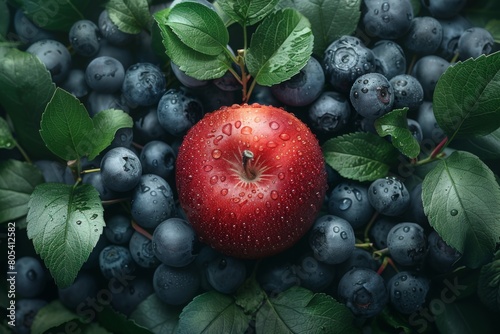 Ripe red apple and blueberries with green leaves, top view. Healthy food concept