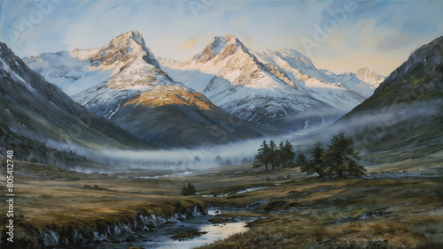 Awe-inspiring watercolor painting like art depicting a majestic mountain valley landscape with towering snow-capped peaks and river flowing, reminiscent of Scottish highlands at morning sunrise.