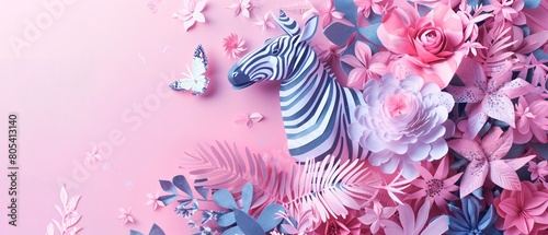 background image of a zebra clutching a butterfly There was a flower decoration in the right corner like a celebration. Generative AI