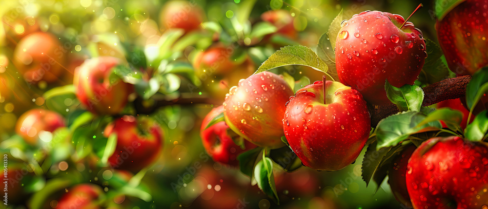 Obraz premium Sunlit Apple Trees in Orchard, Ripe Red Apples on Branches, Fresh and Organic Harvest in Nature