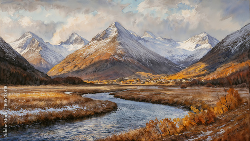 Awe-inspiring watercolor painting like art depicting a majestic mountain valley landscape with towering snow-capped peaks and river flowing  reminiscent of Scottish highlands at morning sunrise.