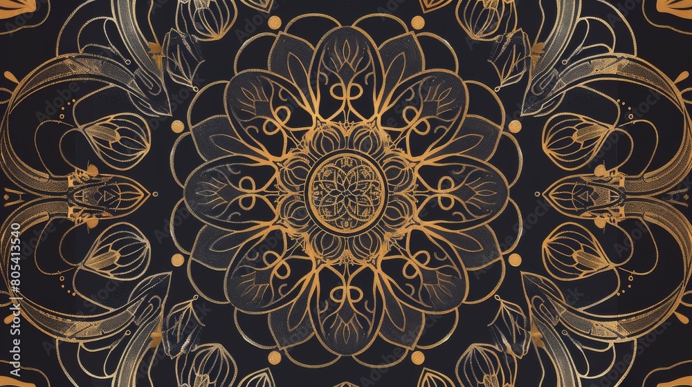 Golden mandala pattern on a dark background Golden mandala pattern on a dark background
