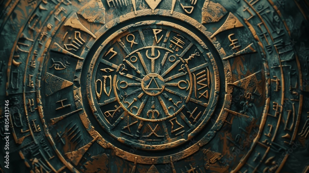 Intricate ancient symbols on a mystical artifact
