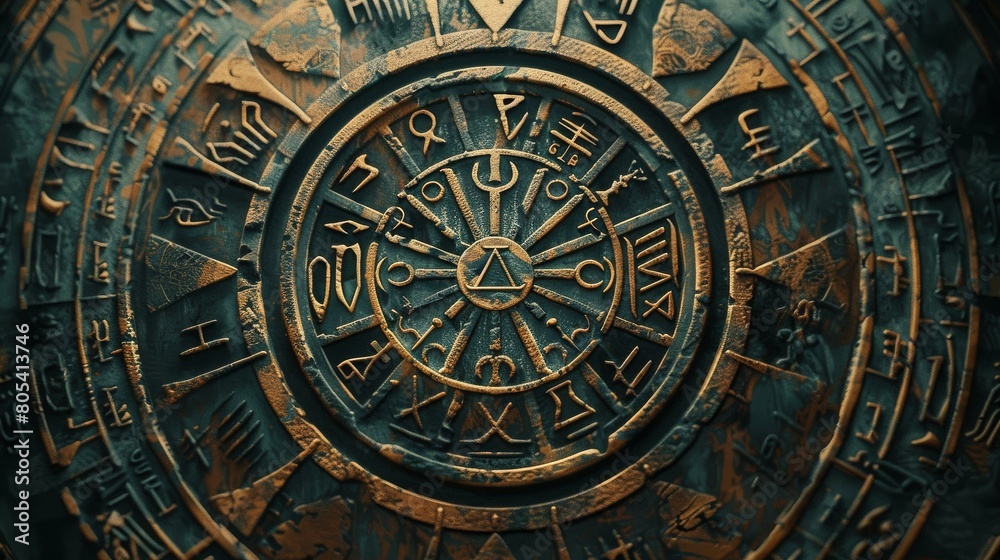 Intricate ancient symbols on a mystical artifact Intricate ancient symbols on a mystical artifact