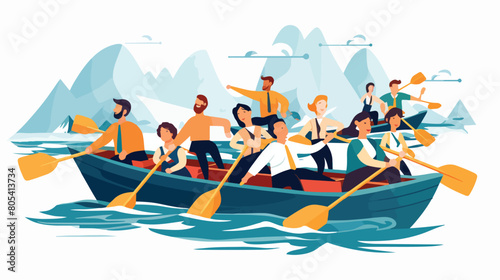 Set of business teams with leaders in boats rowing