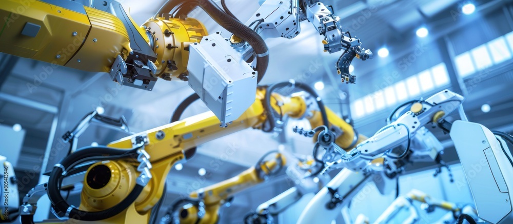 Fototapeta premium Industrial Robot Arm for assembly in modern factory production. Artificial intelligence concept