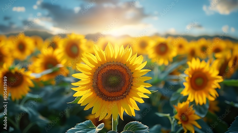 Fototapeta premium A field of illuminating yellow sunflower blossoms, vividly contrasted against a deep blue sky, evoking a sense of freshness and energy.