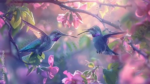 A pair of hummingbirds darting among the branches, their iridescent feathers glinting in the sunlight as they sip from the tree's blossoms photo