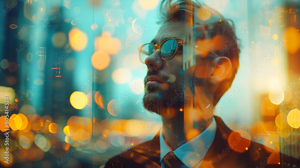 Cute Business Man in Double Exposure Celebrating Zero Carbon Achievement with Vibrant Clean Energy Motif