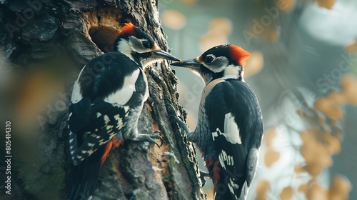 A pair of woodpeckers pecking at the bark of a tree, searching for insects to feed their hungry chicks photo