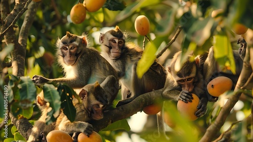 A troop of monkeys frolicking among the branches of a mango tree  feasting on the ripe fruit with gleeful abandon