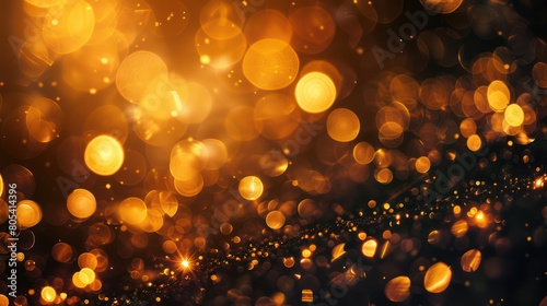 A magical display of golden bokeh light spots scattered across a dark backdrop  creating an abstract and festive visual