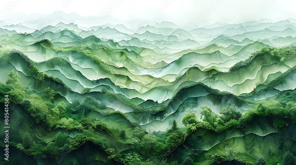 A panoramic view of a landscape made entirely of layered green ash leaves, flowing seamlessly across the scene. A panoramic view of a landscape made entirely of layered green ash leaves, flowing seamlessly across the scene.