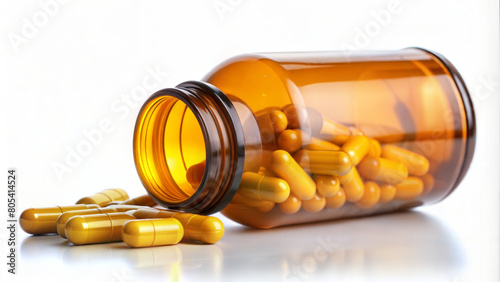 A tipped yellow bottle spilling capsules, symbolizing pharmaceutical care, health supplements, and medication. Represents modern healthcare, treatment solutions, and wellness in a professional design
