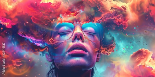 Woman With Closed Eyes in Front of Colorful Background photo