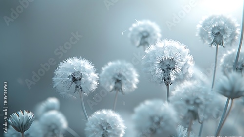 A surreal scene of gray dandelion seeds floating in a dreamy expanse of soft gray  evoking a sense of calm and timelessness.