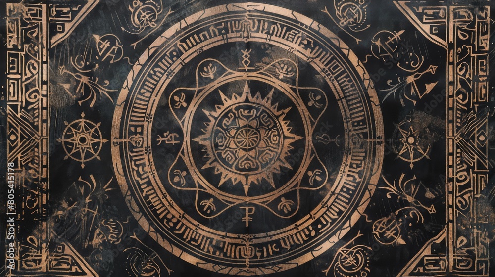 Mystical ancient symbols in a circular pattern on a dark backdrop