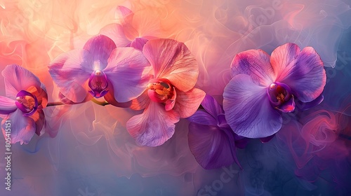 A vibrant display of amethyst orchid petals abstractly painted against a soft, pastel background, evoking a sense of calm and beauty. photo