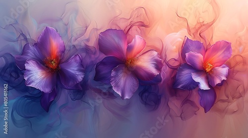 A vibrant display of amethyst orchid petals abstractly painted against a soft, pastel background, evoking a sense of calm and beauty.