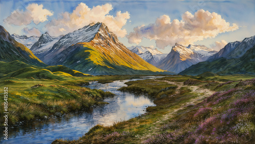 Awe-inspiring watercolor painting like art depicting a majestic mountain valley landscape with towering snow-capped peaks and river flowing, reminiscent of Scottish highlands at morning sunrise.