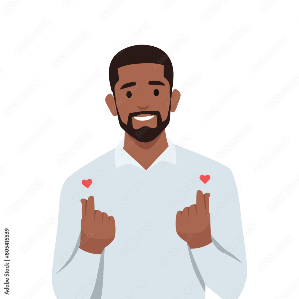 Young man with Korean love sign. Finger Heart gesture. Love concept. Flat vector illustration isolated on white background Young man with Korean love sign. Finger Heart gesture. Love concept. Flat vector illustration isolated on white background